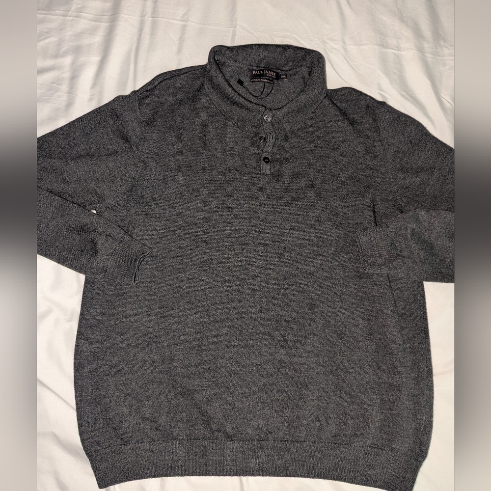 Paul James Junior's XXL 100% Wool Gray Long Sleeve 3 Button‎ Pullover Sweater
